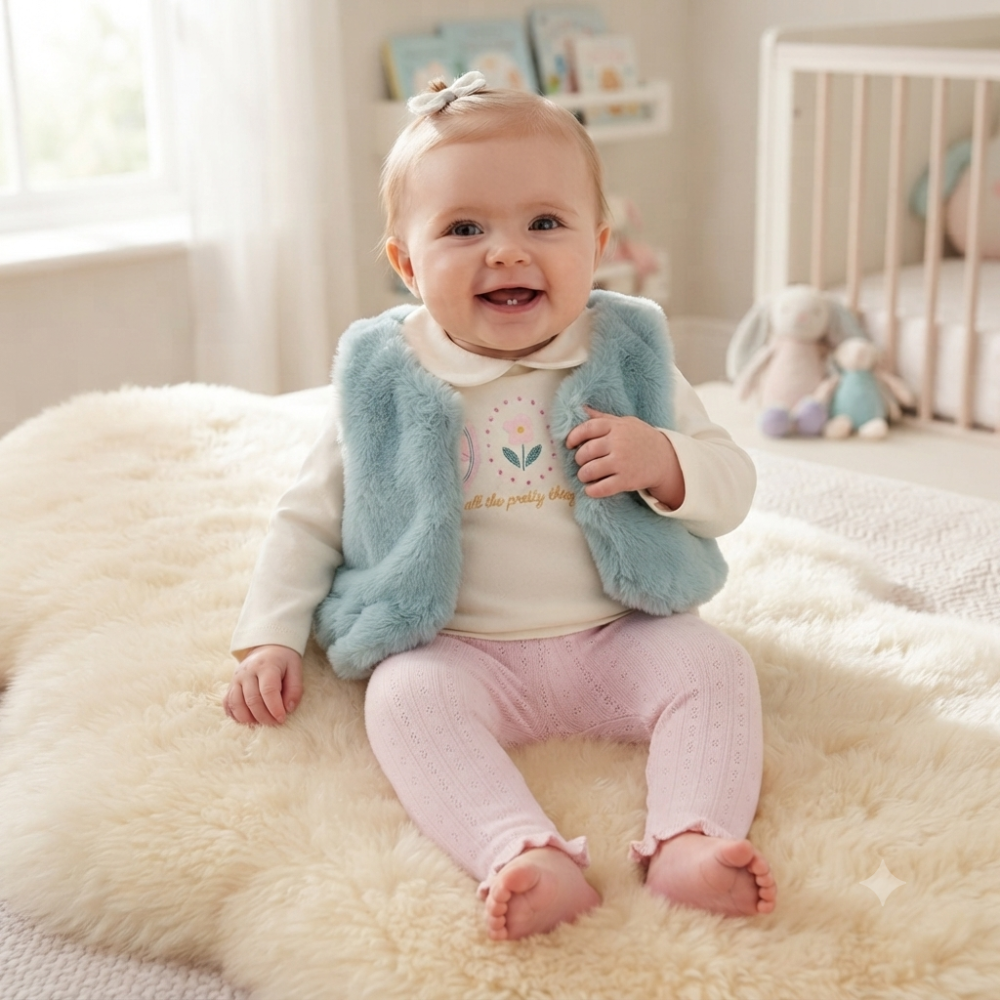 J15539NB: Baby Girls Faux Fur Gilet, Top & Legging Outfit (0-9 Months) J15539NB: Baby Girls Faux Fur Gilet, Top & Legging Outfit (0-9 Months)